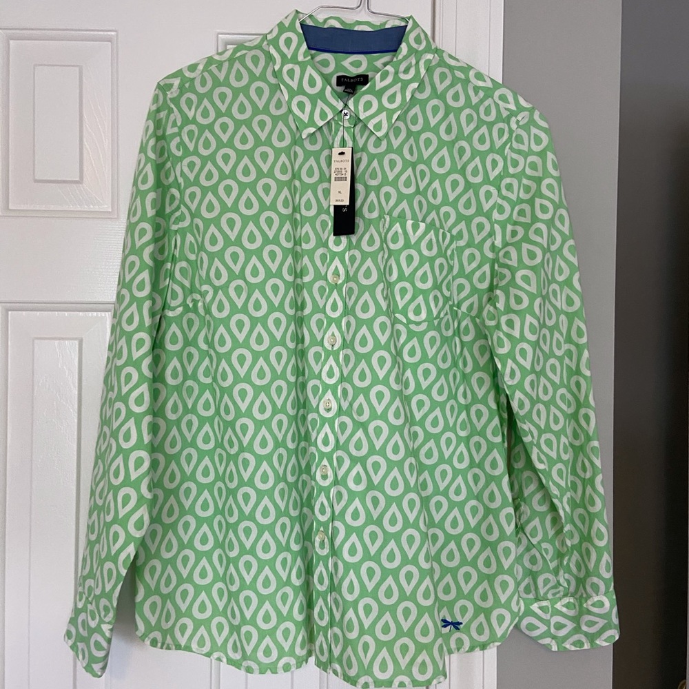 Talbots XL Green Print Poplin Shirt